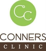 The image shows the logo of Conners Clinic, composed of two overlapping 'C' letters in different shades of green forming a circle, with the full name
