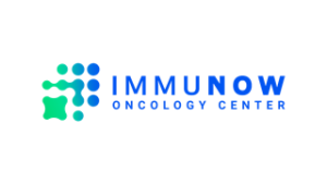 The image displays the logo for IMMUNOW Oncology Center. The logo consists of the word 'IMMUNOW' in bold blue capital letters, with 'Oncology Center' in smaller red font beneath it. To the left of the text, there's a cluster of circular shapes in various sizes and shades of blue and green, resembling a molecular or cellular structure. The background is plain, allowing the logo to stand out.
