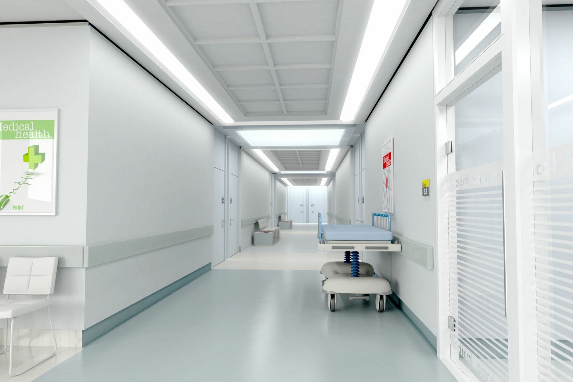 Empty hospital corridor, symbolizing healthcare facilities for skin cancer patients seeking financial aid.