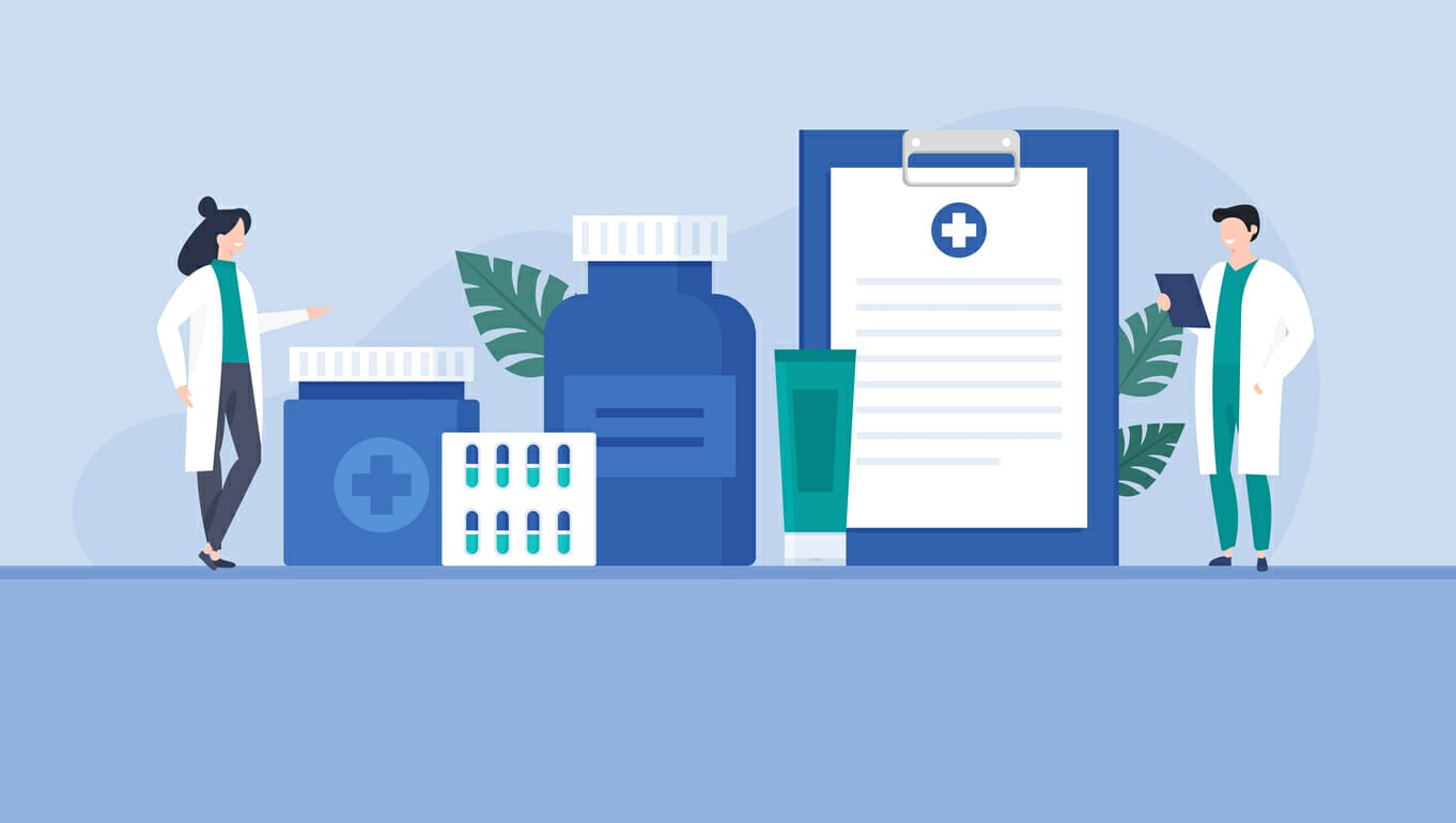 Illustration of healthcare professionals with medical supplies and a clipboard, representing financial assistance programs for head and neck cancer patients.