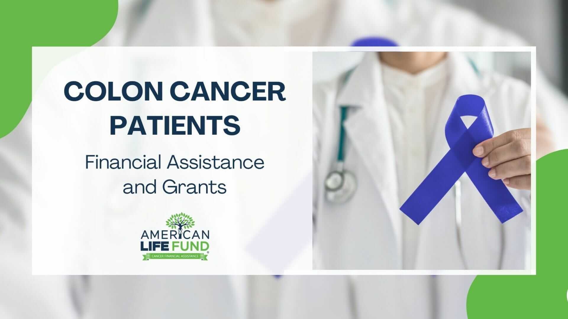 Blog feature image with a doctor in a white coat holding a blue ribbon and a caption that says colon cancer patients