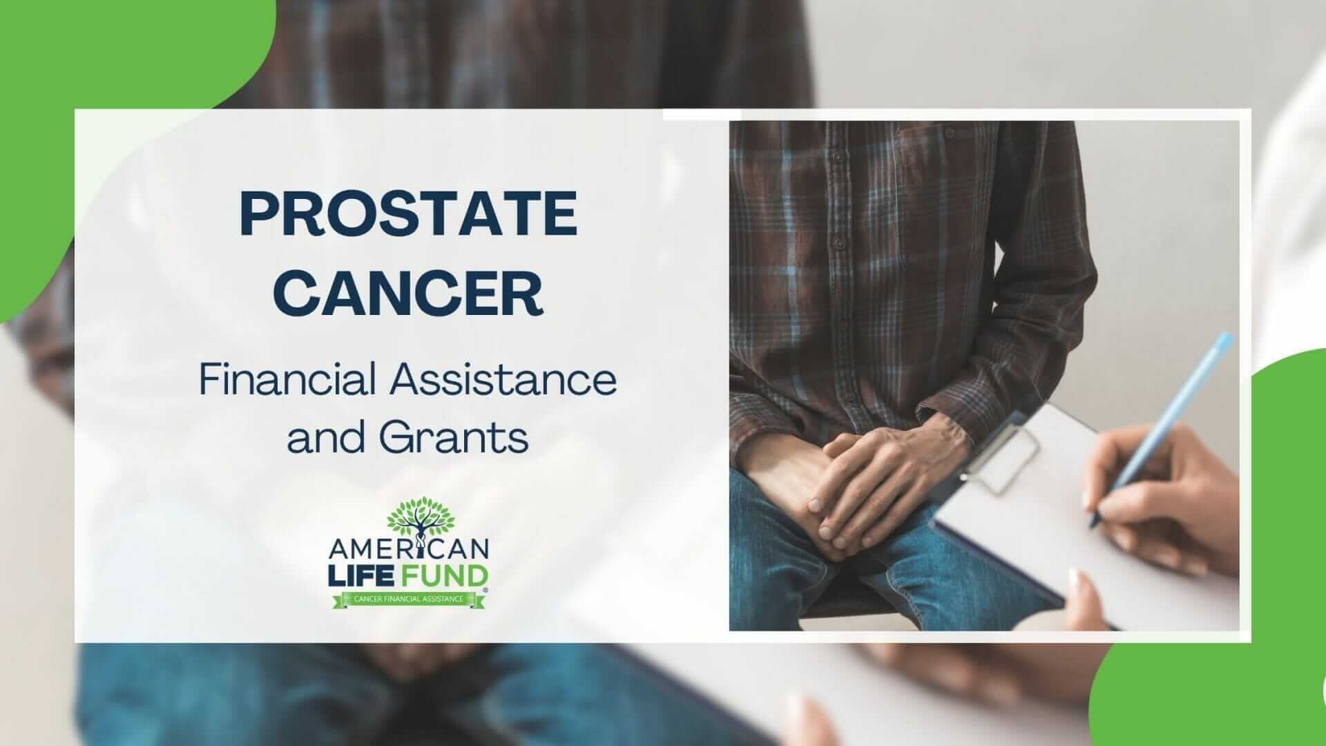 Blog feature image with person sits on a chair with both hands on his lap with a doctor holding a pen and paper and a caption that says prostate cancer