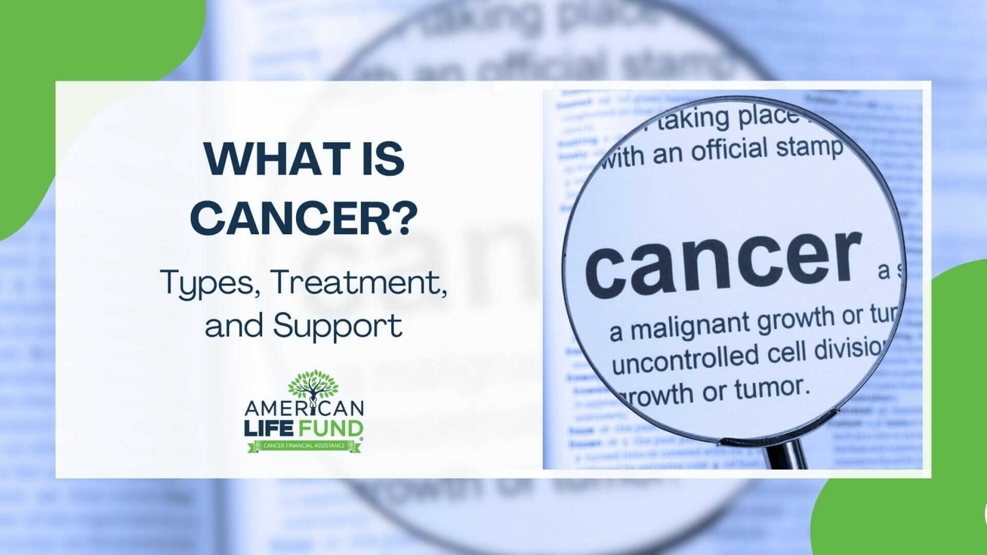 Blog feature image with magnifying glass above a book that says cancer and a caption that says what is cancer