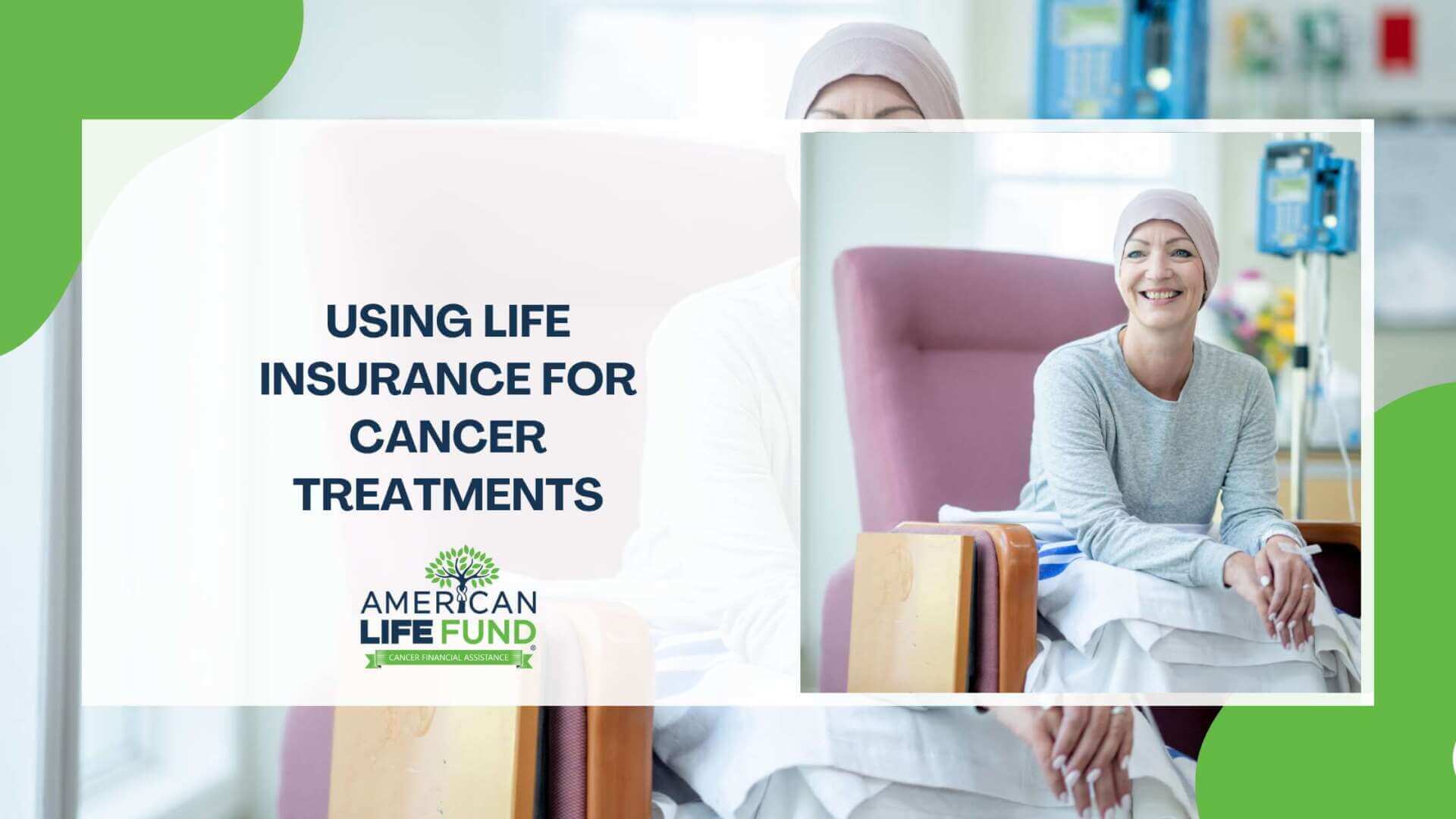 A smiling woman wearing a headscarf sits in a medical facility receiving chemotherapy treatment. She is seated in a comfortable chair with a blanket on her lap, and an IV drip is visible in the background, indicating a hospital or treatment center setting.